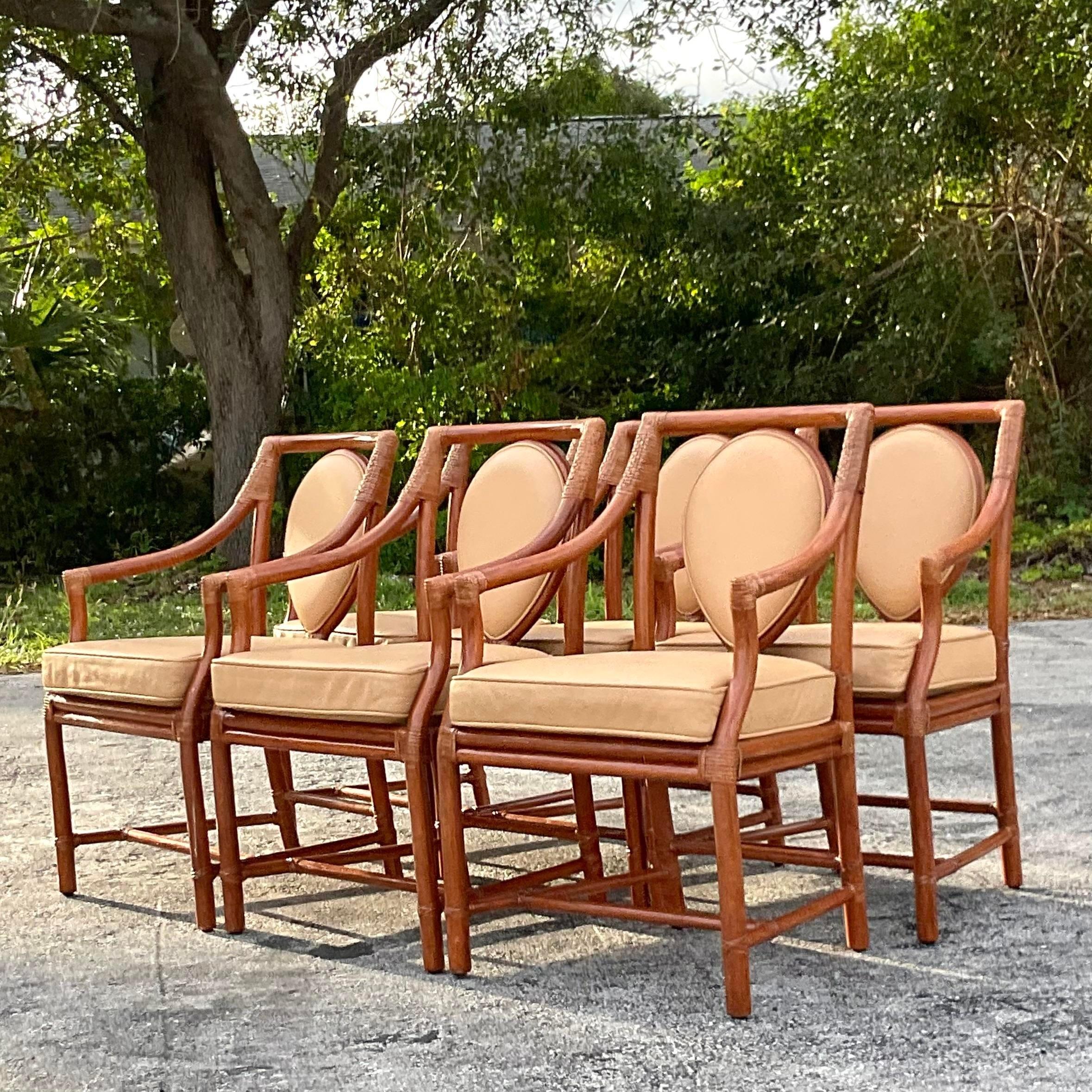 Contemporary Vintage Coastal Medallion Back Rattan Dining Chairs After McGuire - Set of 6 For Sale