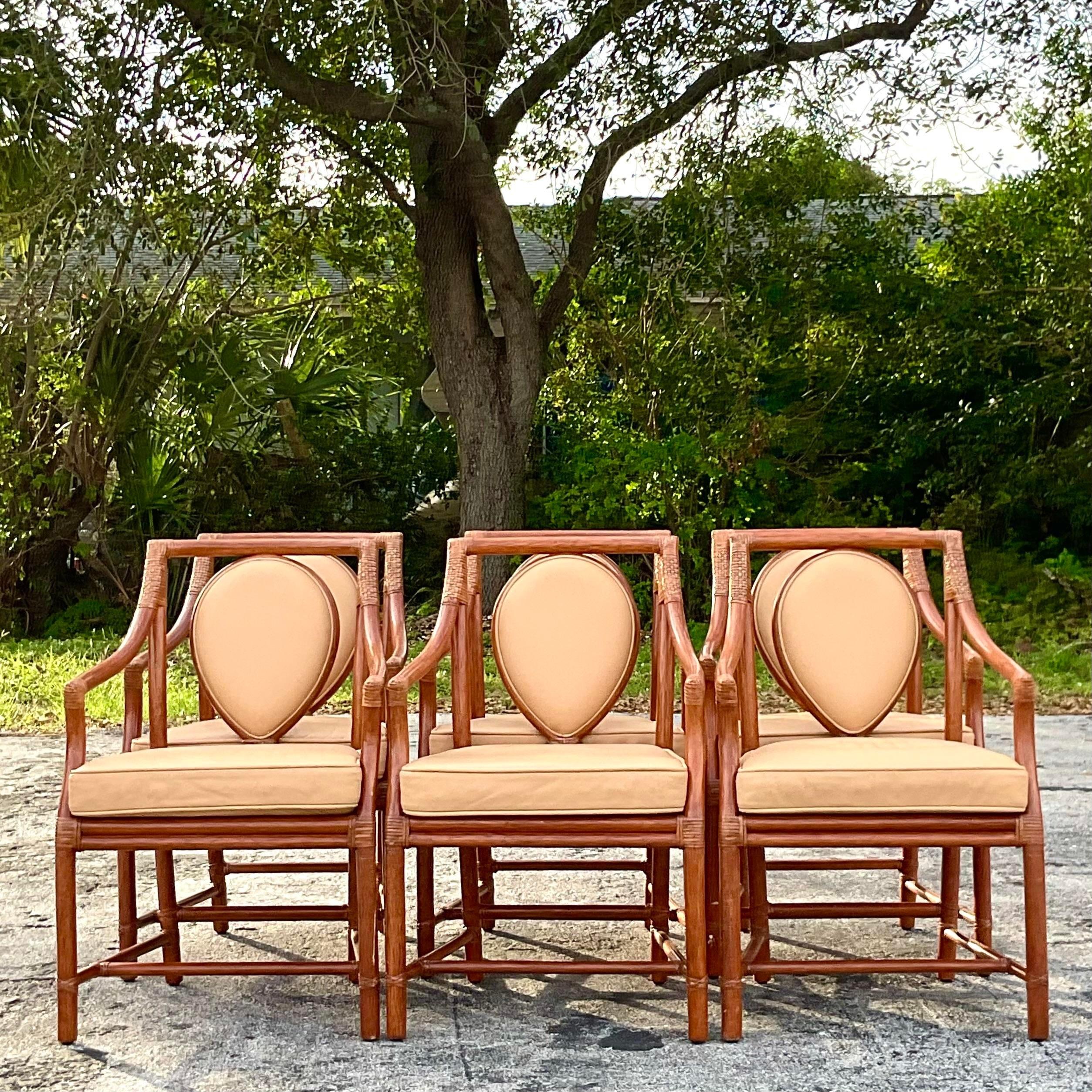 Upholstery Vintage Coastal Medallion Back Rattan Dining Chairs After McGuire - Set of 6 For Sale