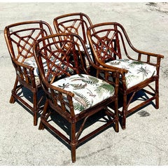 Vintage Coastal Medallion Back Rattan Dining Chairs, Set of 4