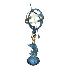 Vintage Coastal Mermaid & Dolphin Armillary Sundial, Palm Beach Garden Decor