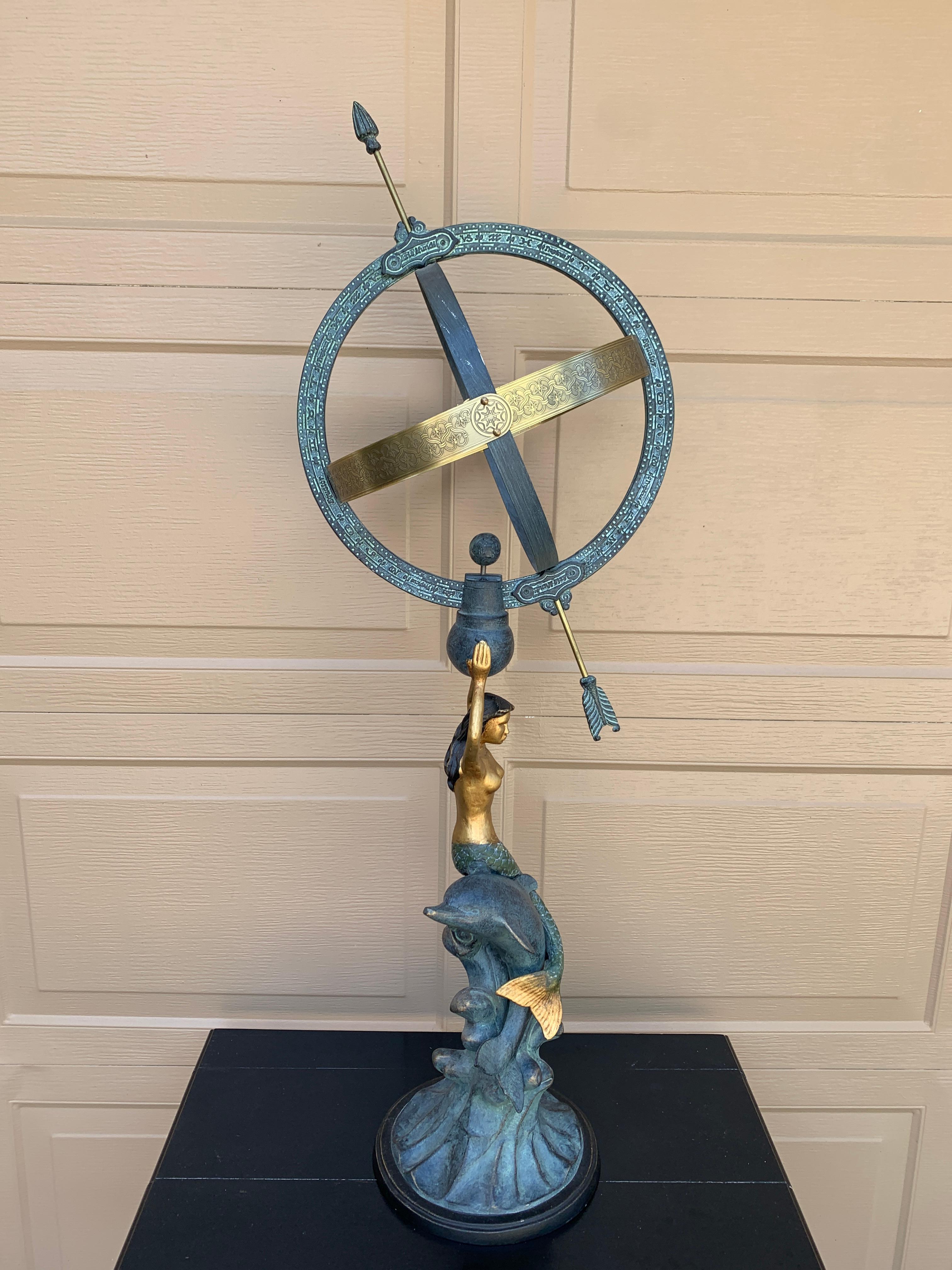 Vintage Coastal Mermaid on Dolphin Garden Armillary Sundial For Sale 3
