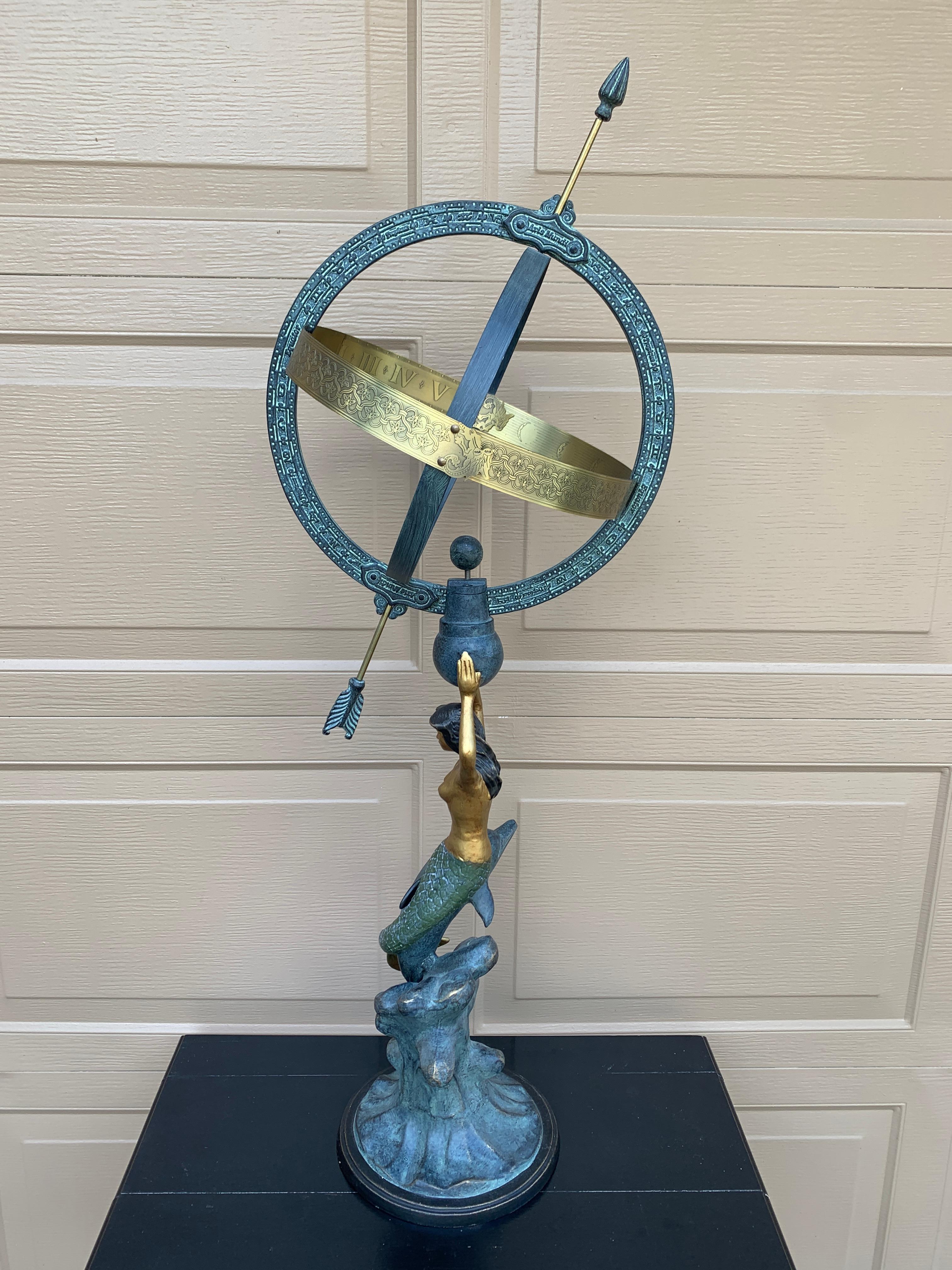 Vintage Coastal Mermaid on Dolphin Garden Armillary Sundial For Sale 6