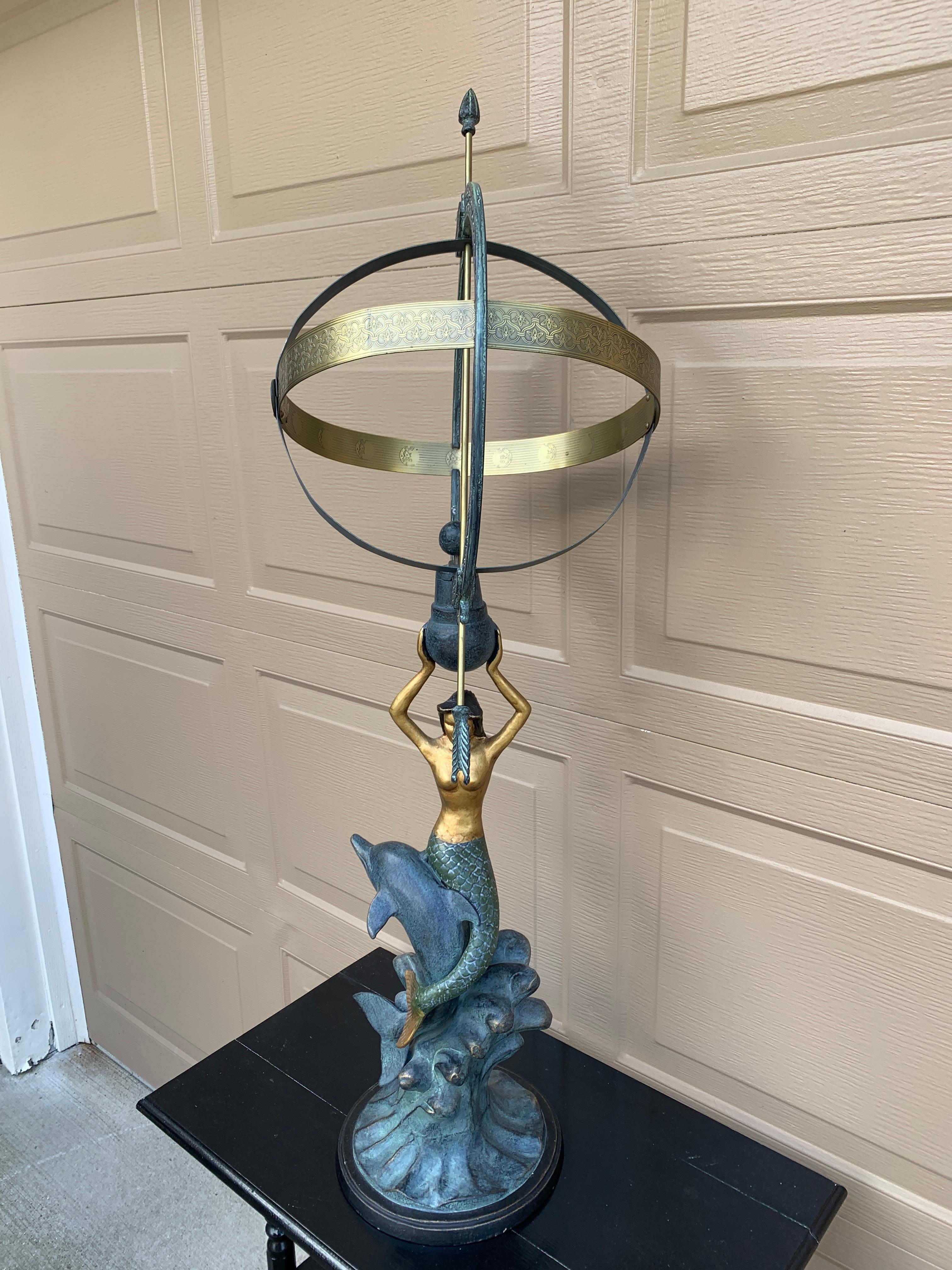 Country Vintage Coastal Mermaid on Dolphin Garden Armillary Sundial For Sale