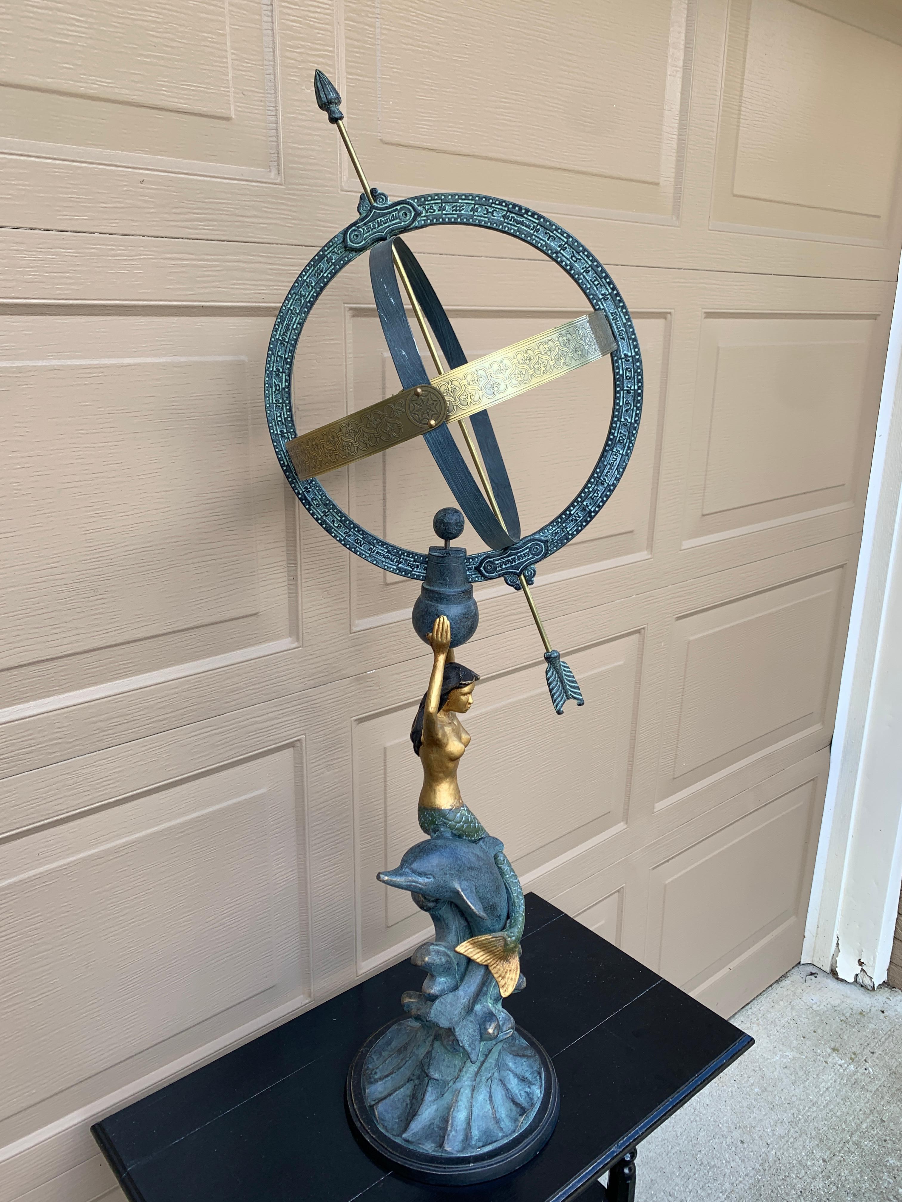 American Vintage Coastal Mermaid on Dolphin Garden Armillary Sundial For Sale