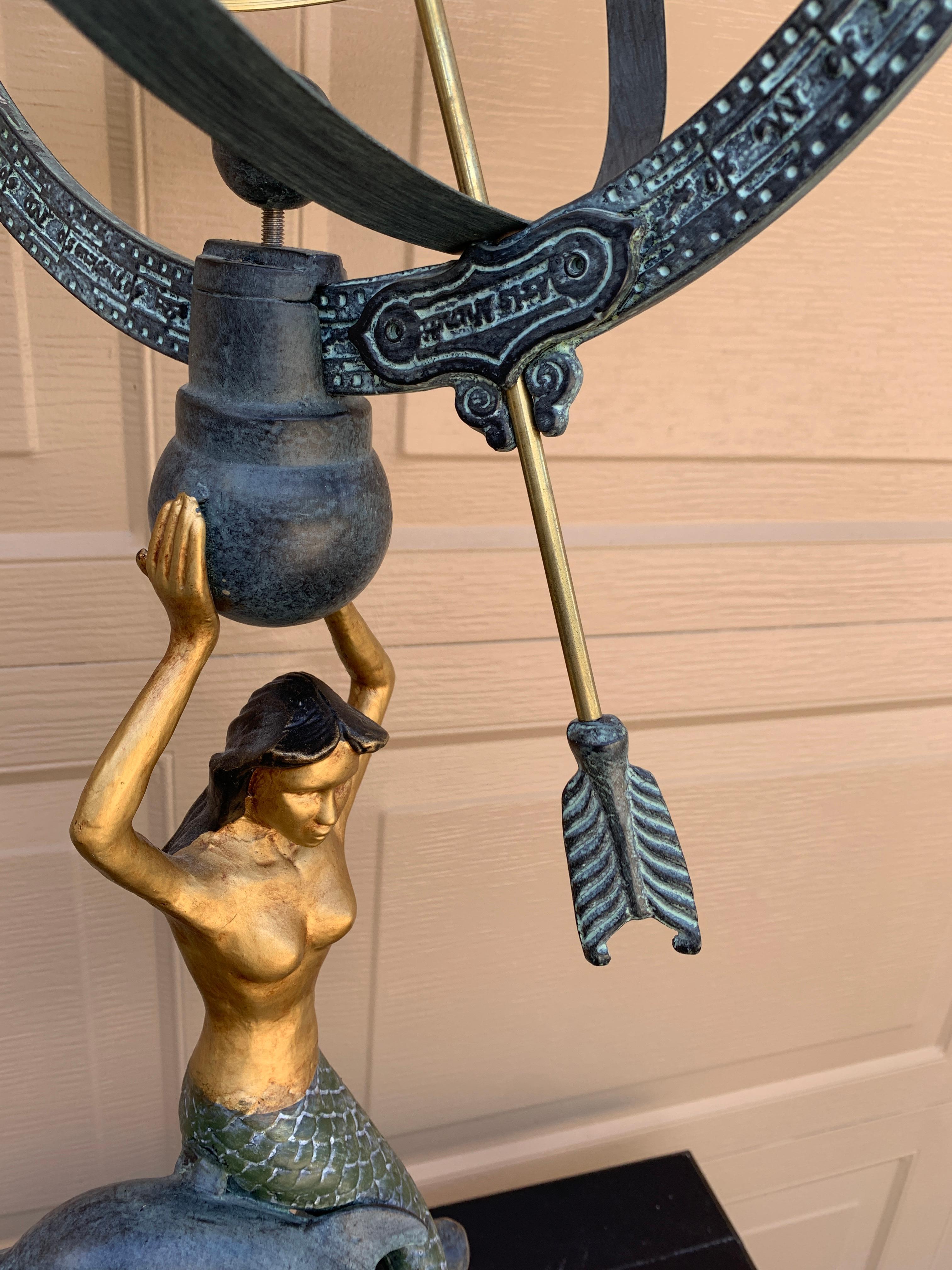 Metal Vintage Coastal Mermaid on Dolphin Garden Armillary Sundial For Sale