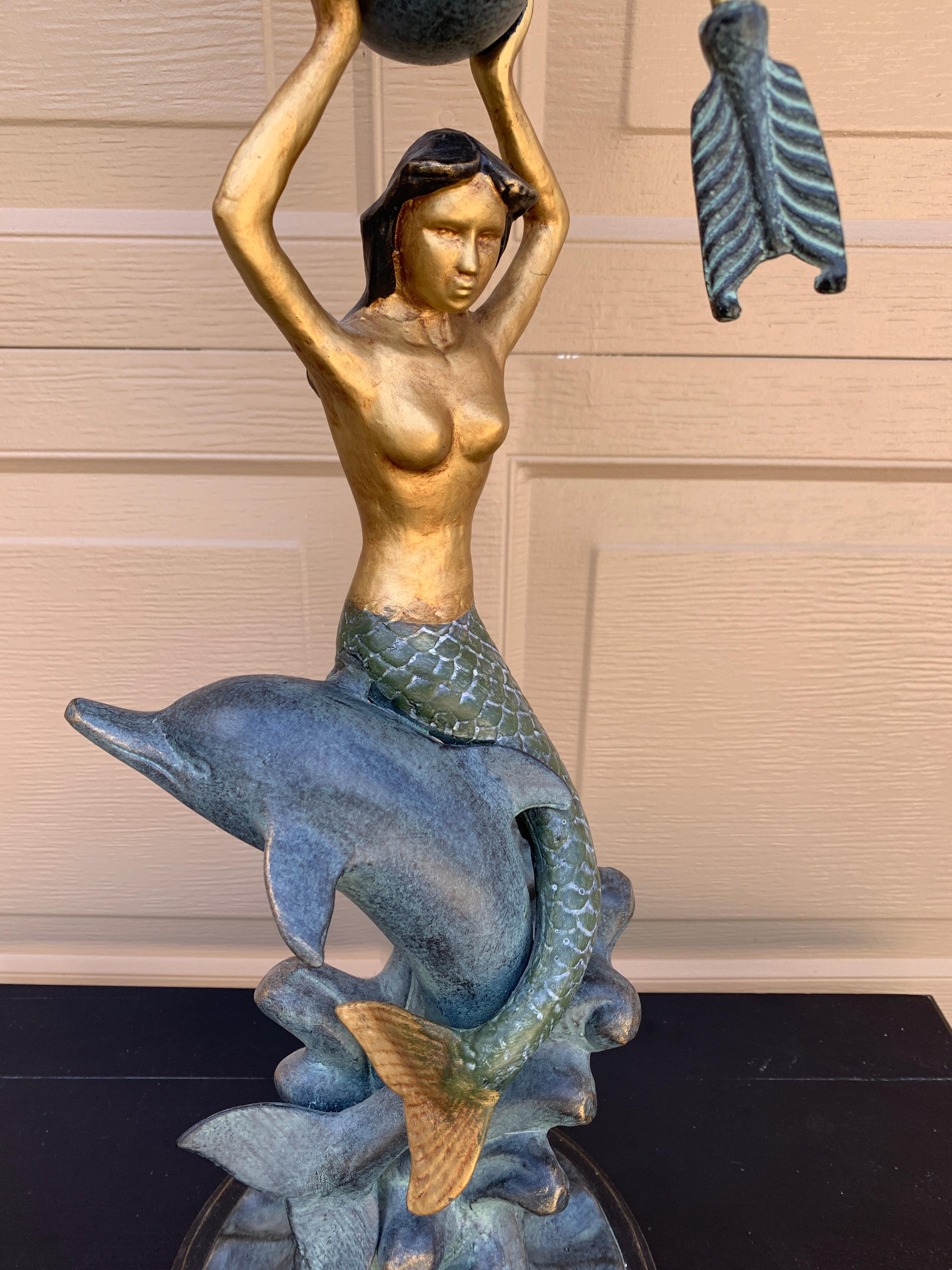 Vintage Coastal Mermaid on Dolphin Garden Armillary Sundial For Sale 1