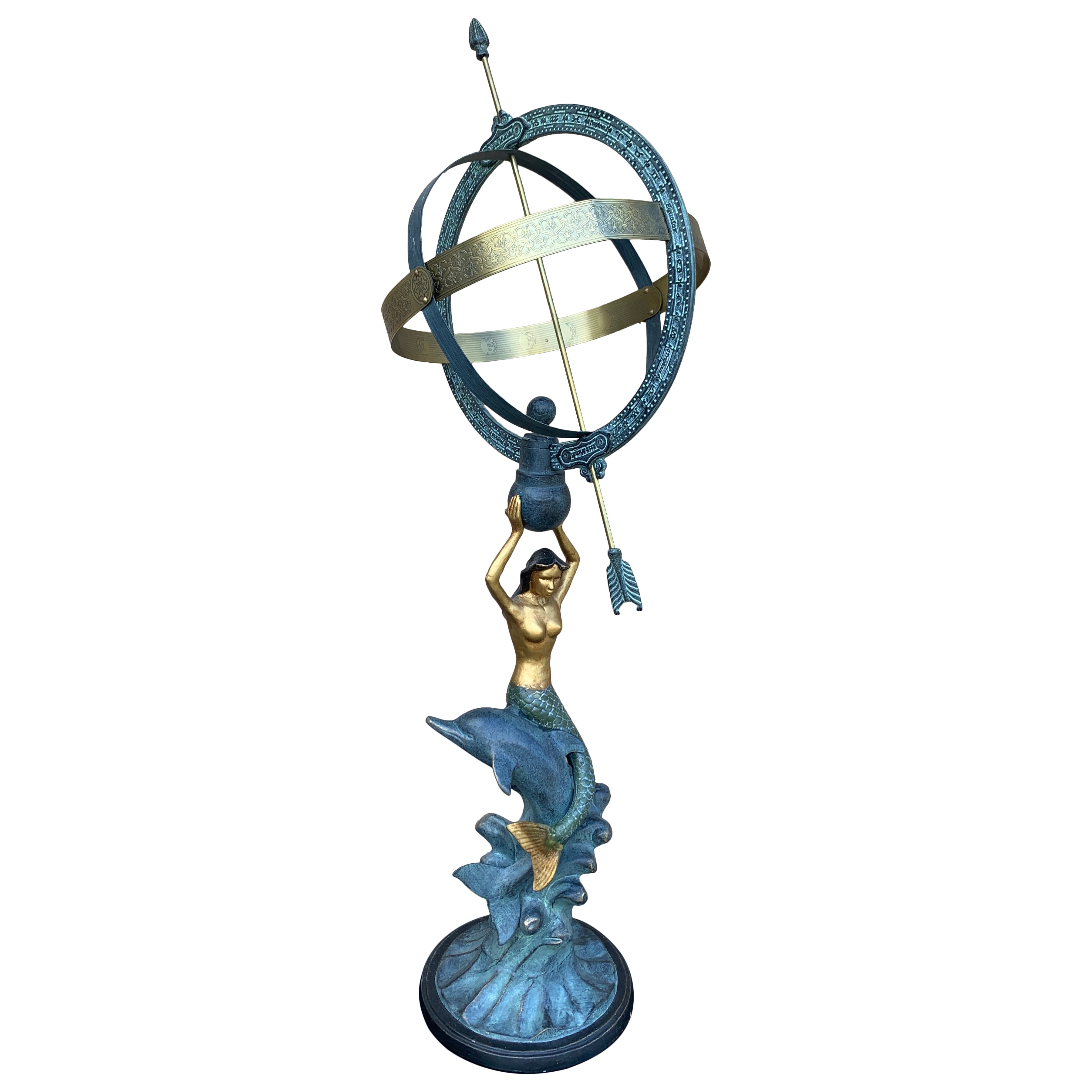 Vintage Coastal Mermaid on Dolphin Garden Armillary Sundial For Sale