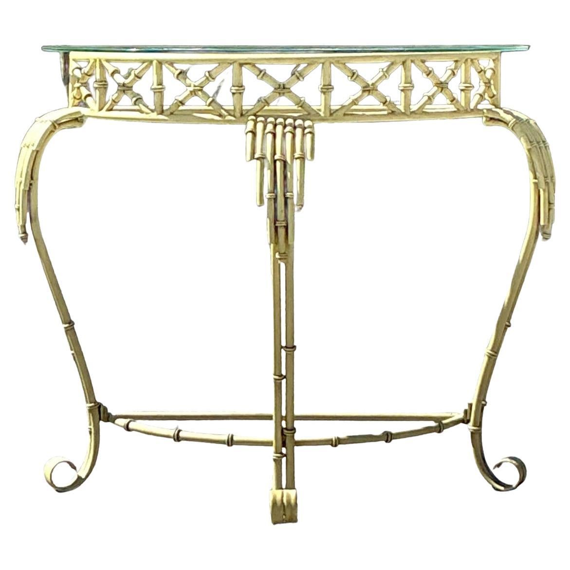Vintage Coastal Metal Bamboo Demilune Table
