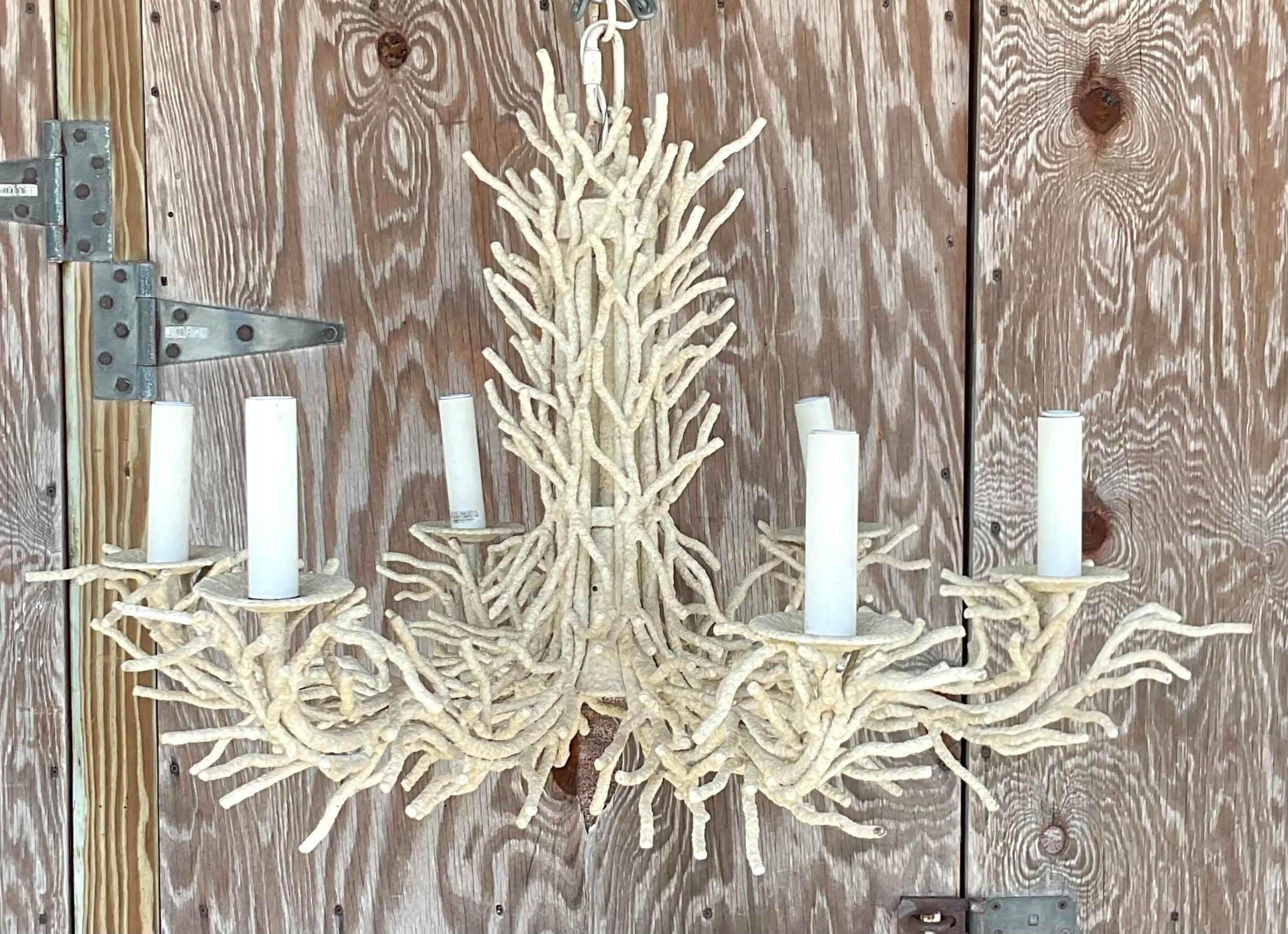 Vintage Coastal Metal Coral Chandelier In Good Condition For Sale In west palm beach, FL