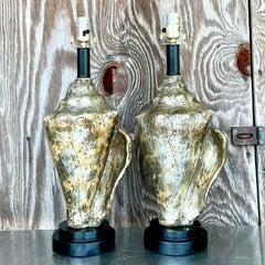 Vintage Coastal Metallic Conch Shell Lamps - a Pair