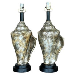 Vintage Coastal Metallic Conch Shell Lamps - a Pair