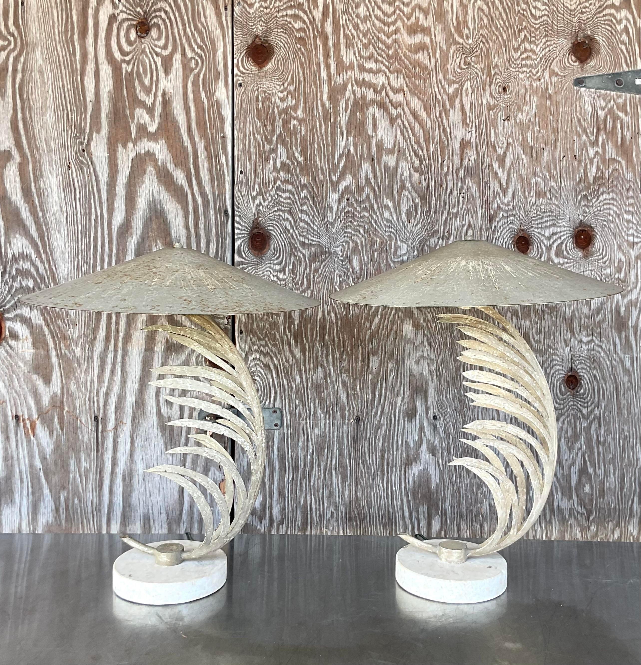 Vintage Coastal Michael Taylor Frond Table Lamps, a Pair In Good Condition In west palm beach, FL