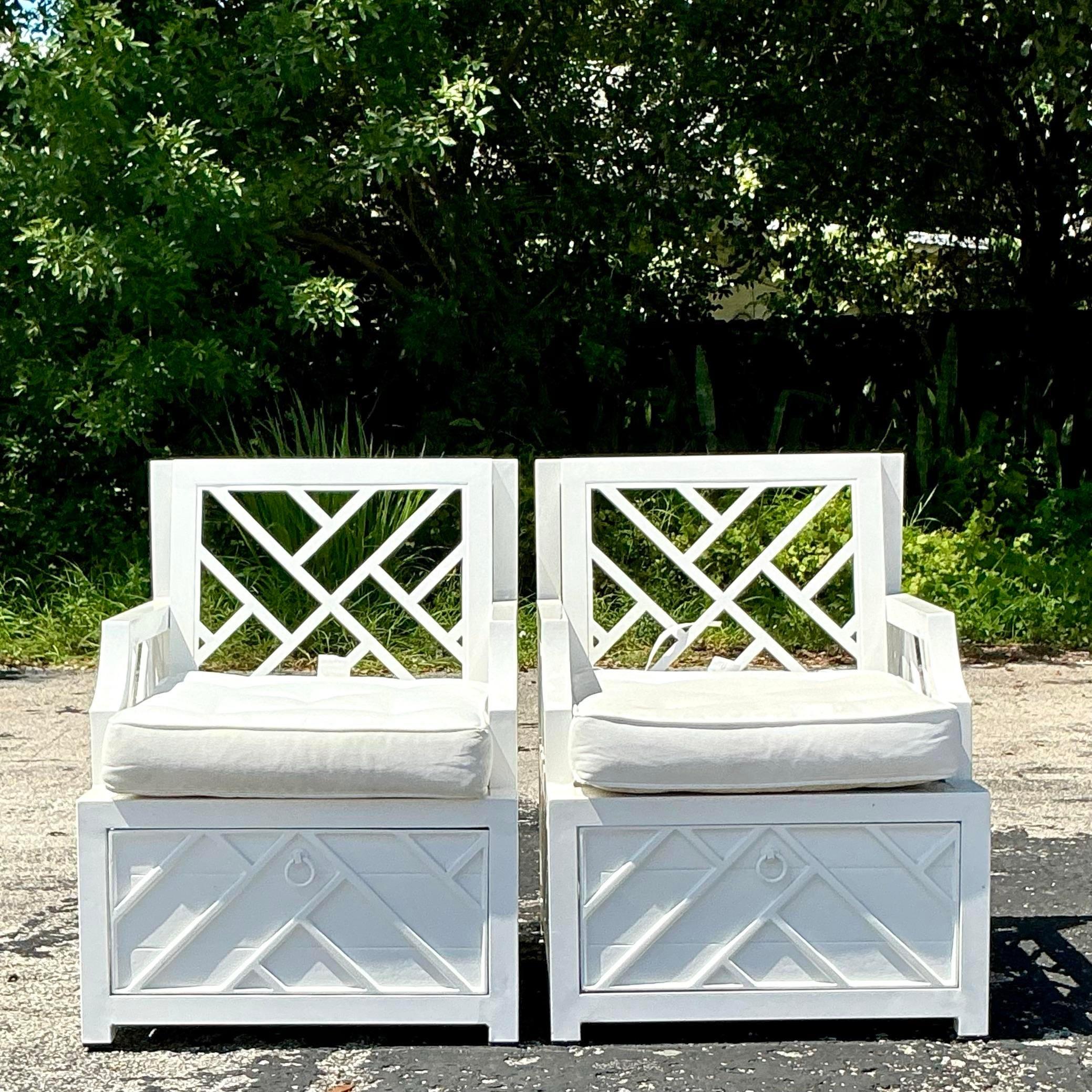 Metal Vintage Coastal Miles Redd for Ballard Design Chinese Chippendale Lounge Chairs For Sale