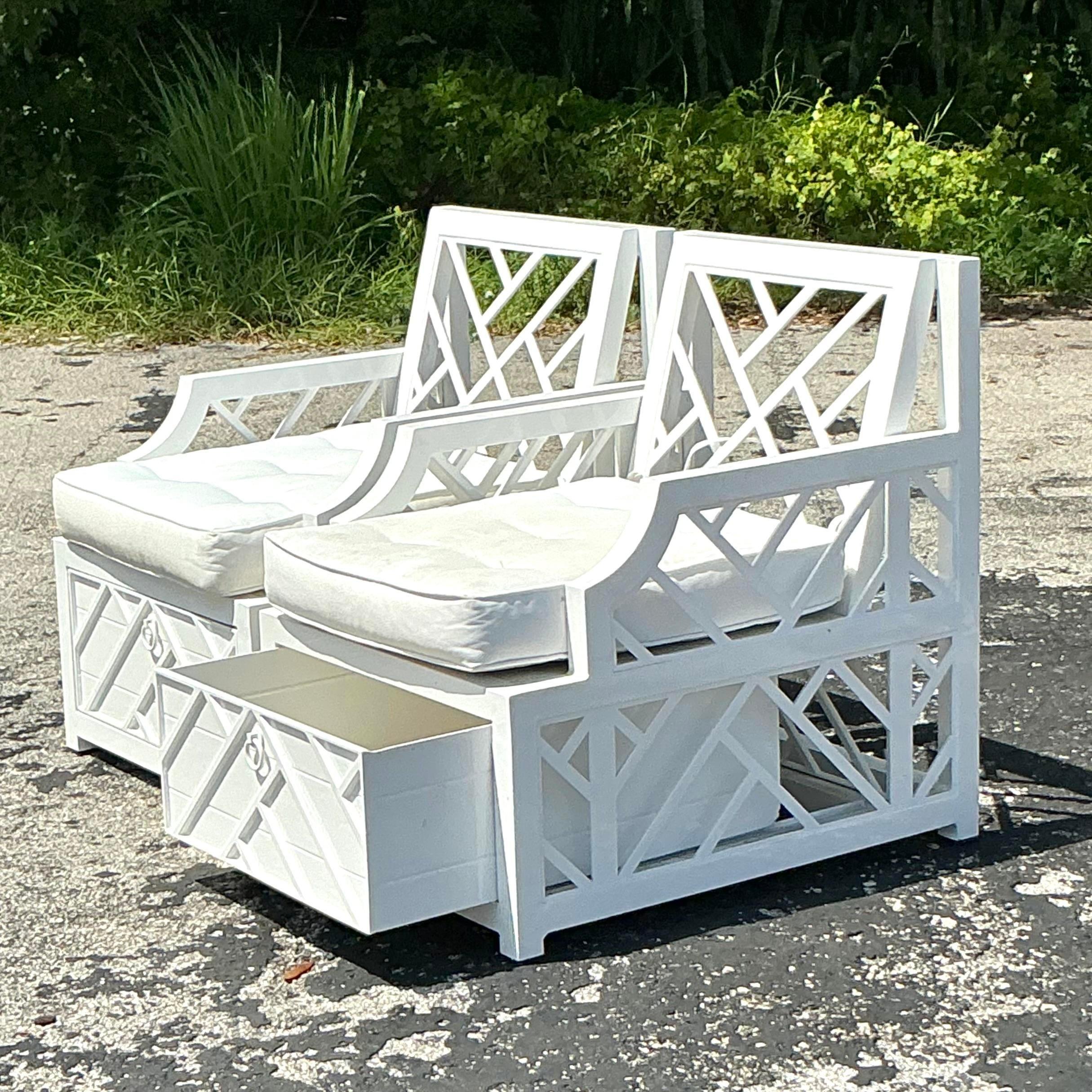 Vintage Coastal Miles Redd for Ballard Design Chinese Chippendale Lounge Chairs For Sale 2