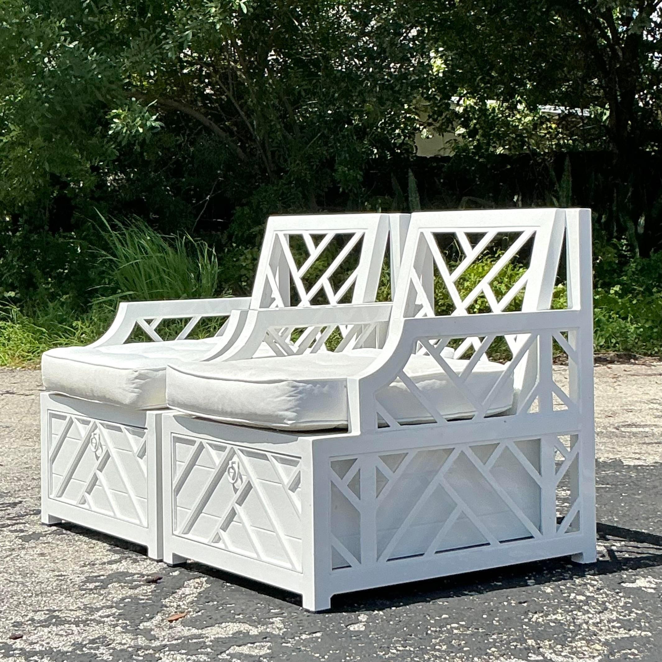 Vintage Coastal Miles Redd for Ballard Design Chinese Chippendale Lounge Chairs For Sale 3