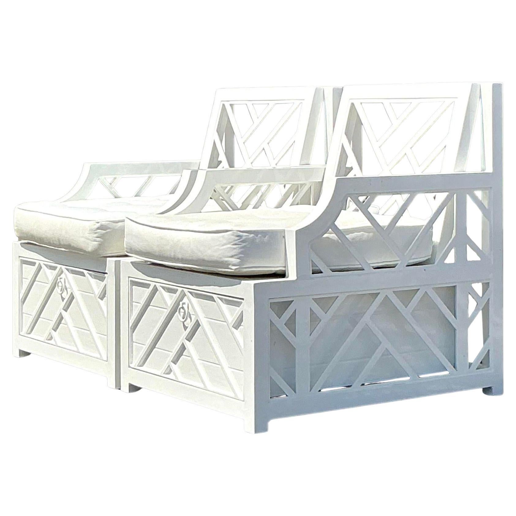 Vintage Coastal Miles Redd for Ballard Design Chinese Chippendale Lounge Chairs For Sale