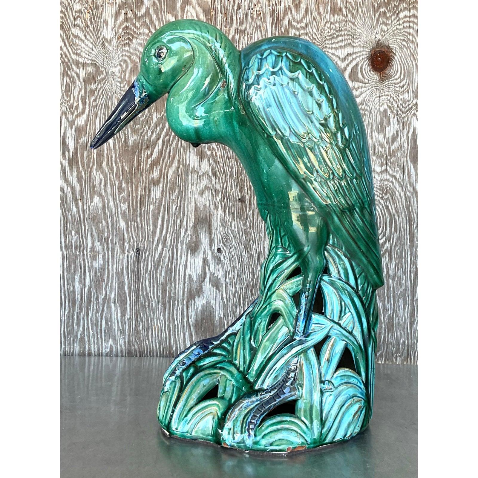 Vintage Coastal Minumental Glazed Ceramic Heron For Sale 4