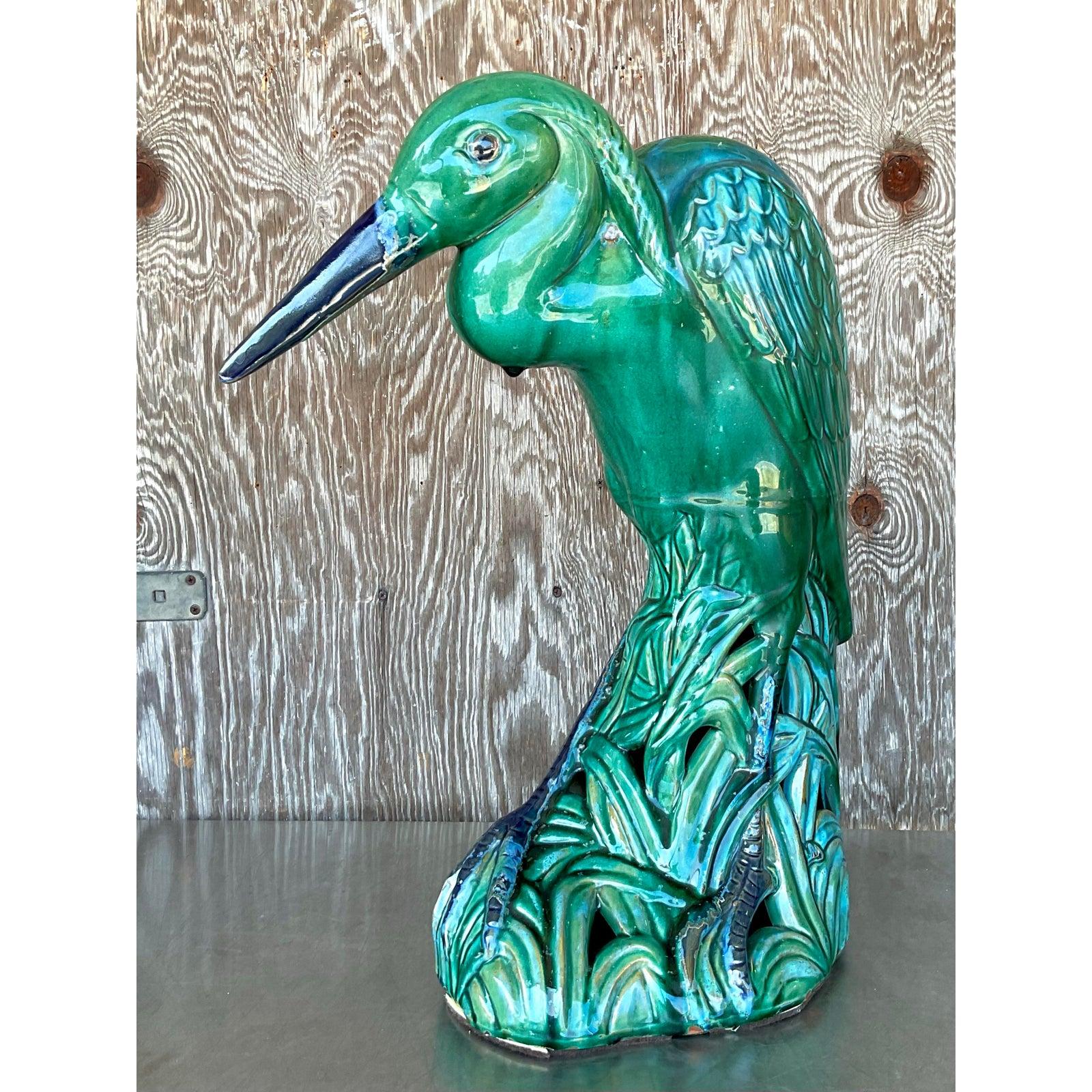 American Vintage Coastal Minumental Glazed Ceramic Heron For Sale