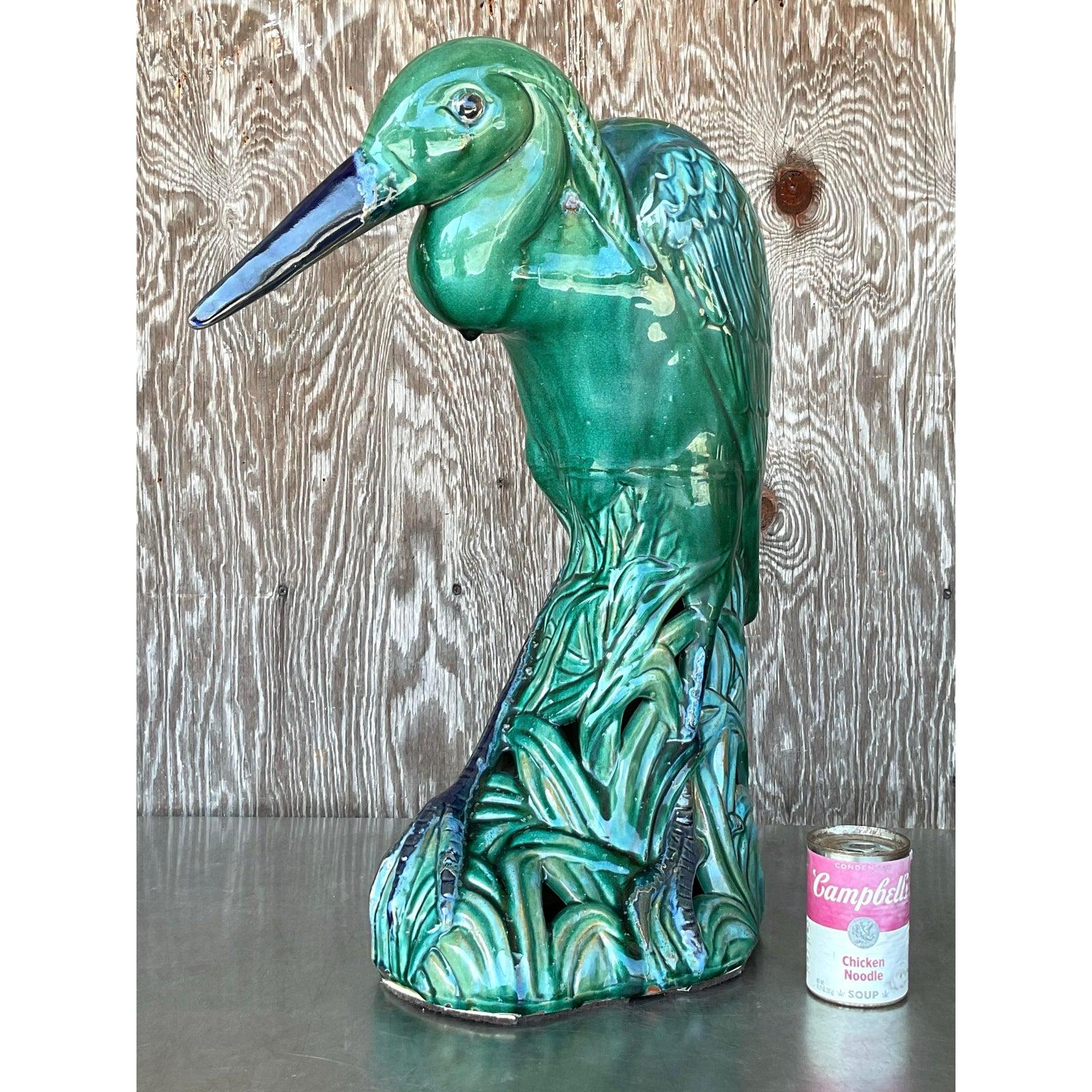 Vintage Coastal Minumental Glazed Ceramic Heron In Good Condition For Sale In west palm beach, FL