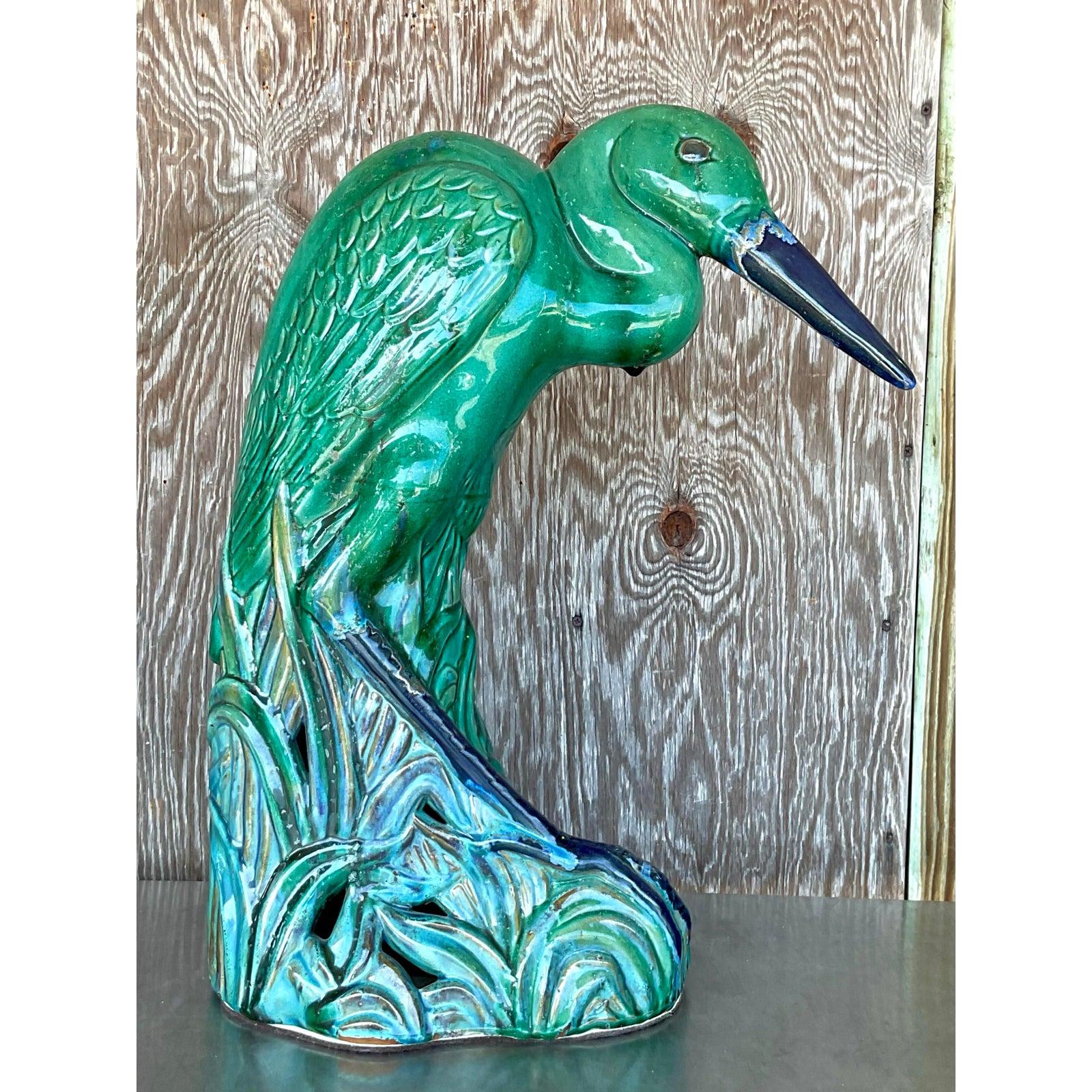 20th Century Vintage Coastal Minumental Glazed Ceramic Heron For Sale