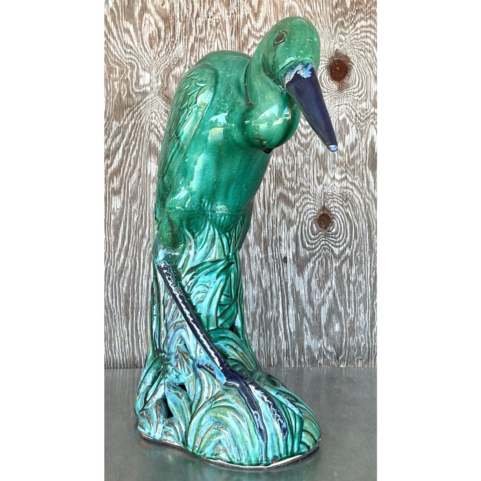 Vintage Coastal Minumental Glazed Ceramic Heron For Sale 1
