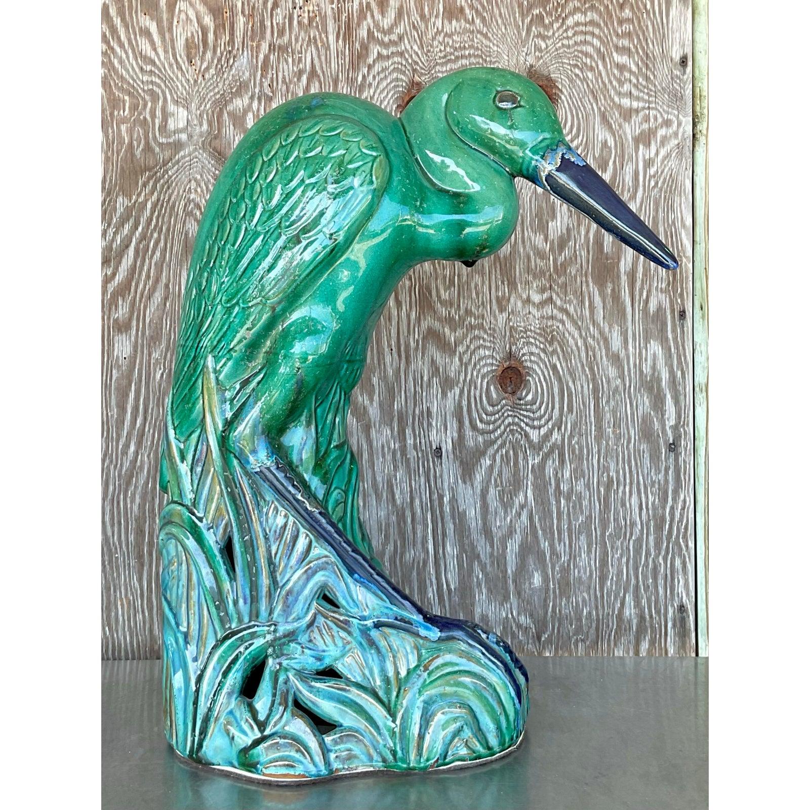 Vintage Coastal Minumental Glazed Ceramic Heron For Sale 2