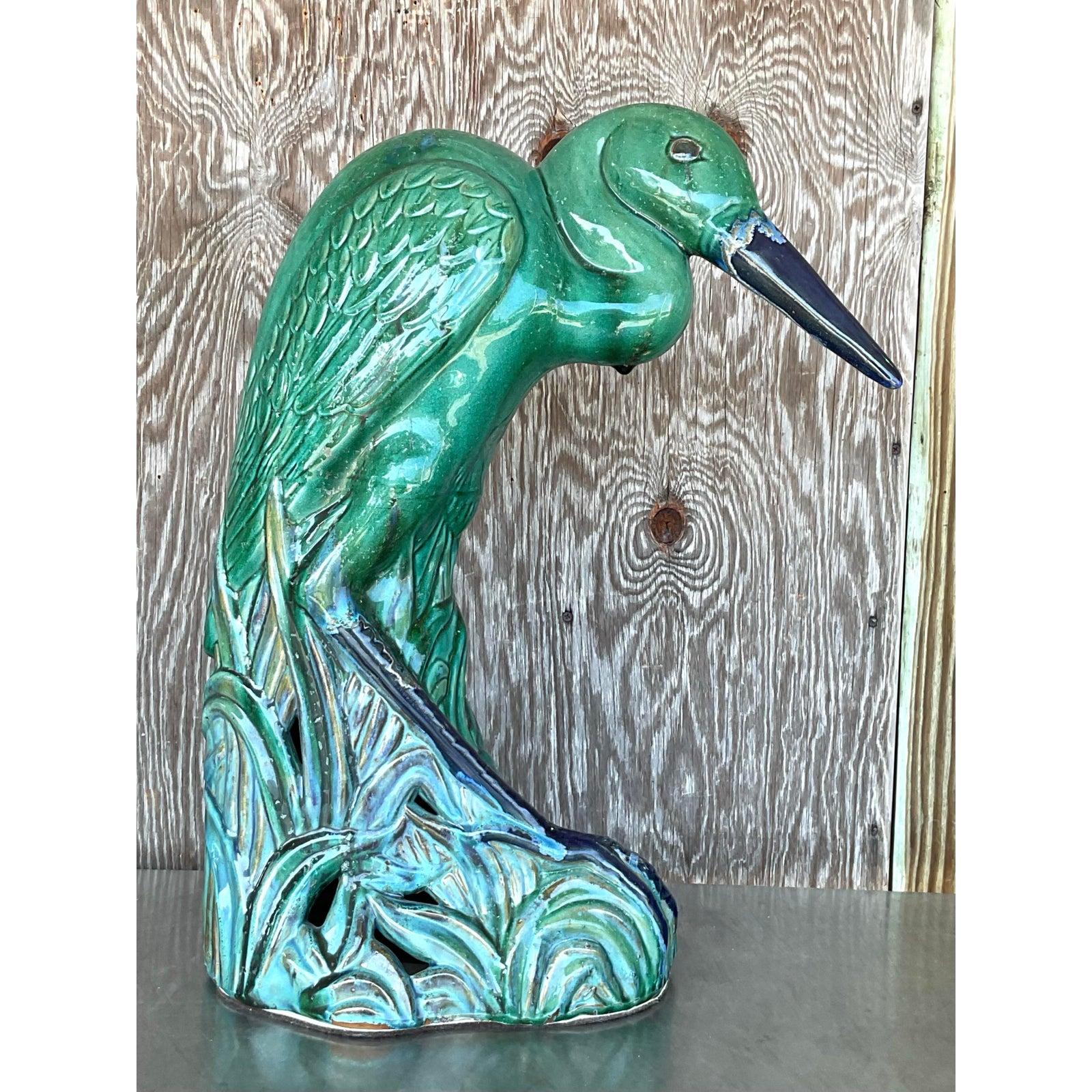 Vintage Coastal Minumental Glazed Ceramic Heron For Sale 3