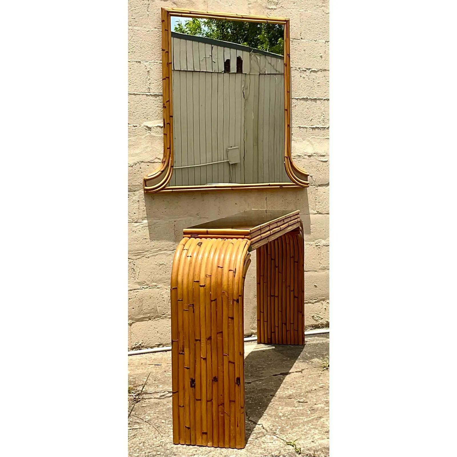 Philippine Vintage Coastal Mirrored Bamboo Waterfall Console Table