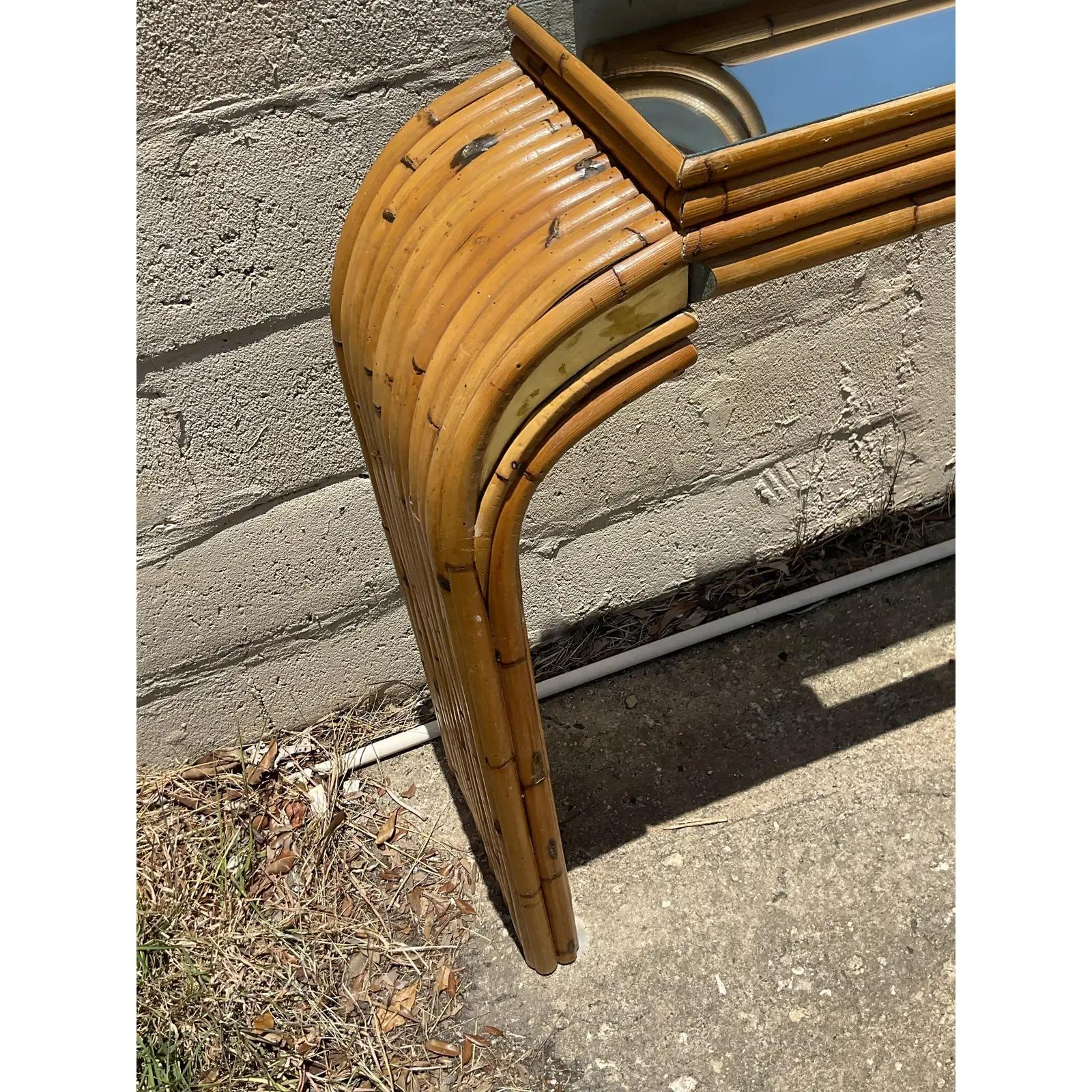 Vintage Coastal Mirrored Bamboo Waterfall Console Table In Good Condition In west palm beach, FL