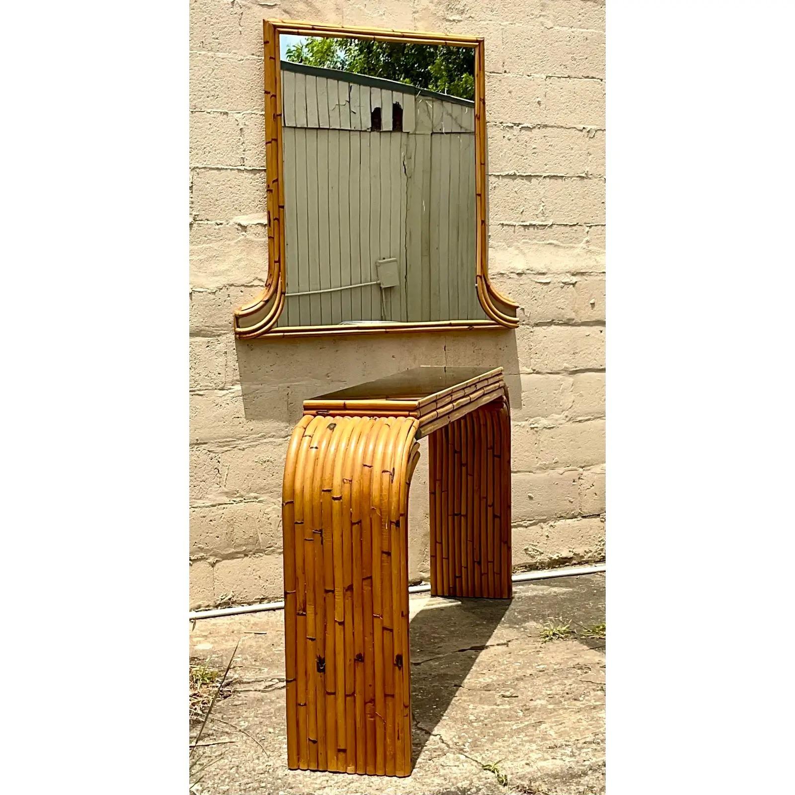 20th Century Vintage Coastal Mirrored Bamboo Waterfall Console Table