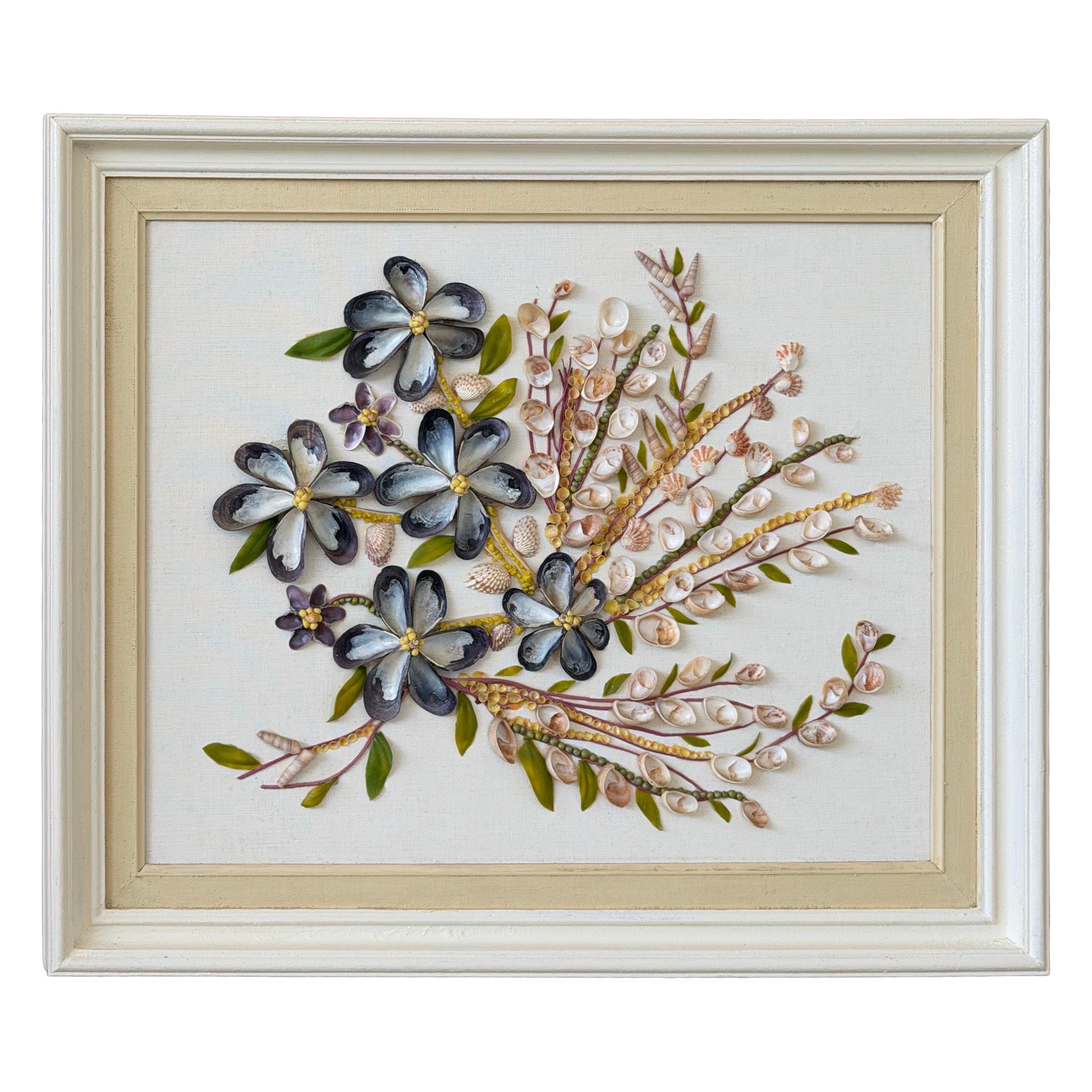 Vintage Coastal Mixed Media Seashell Floral Wall Art in Painted Frame