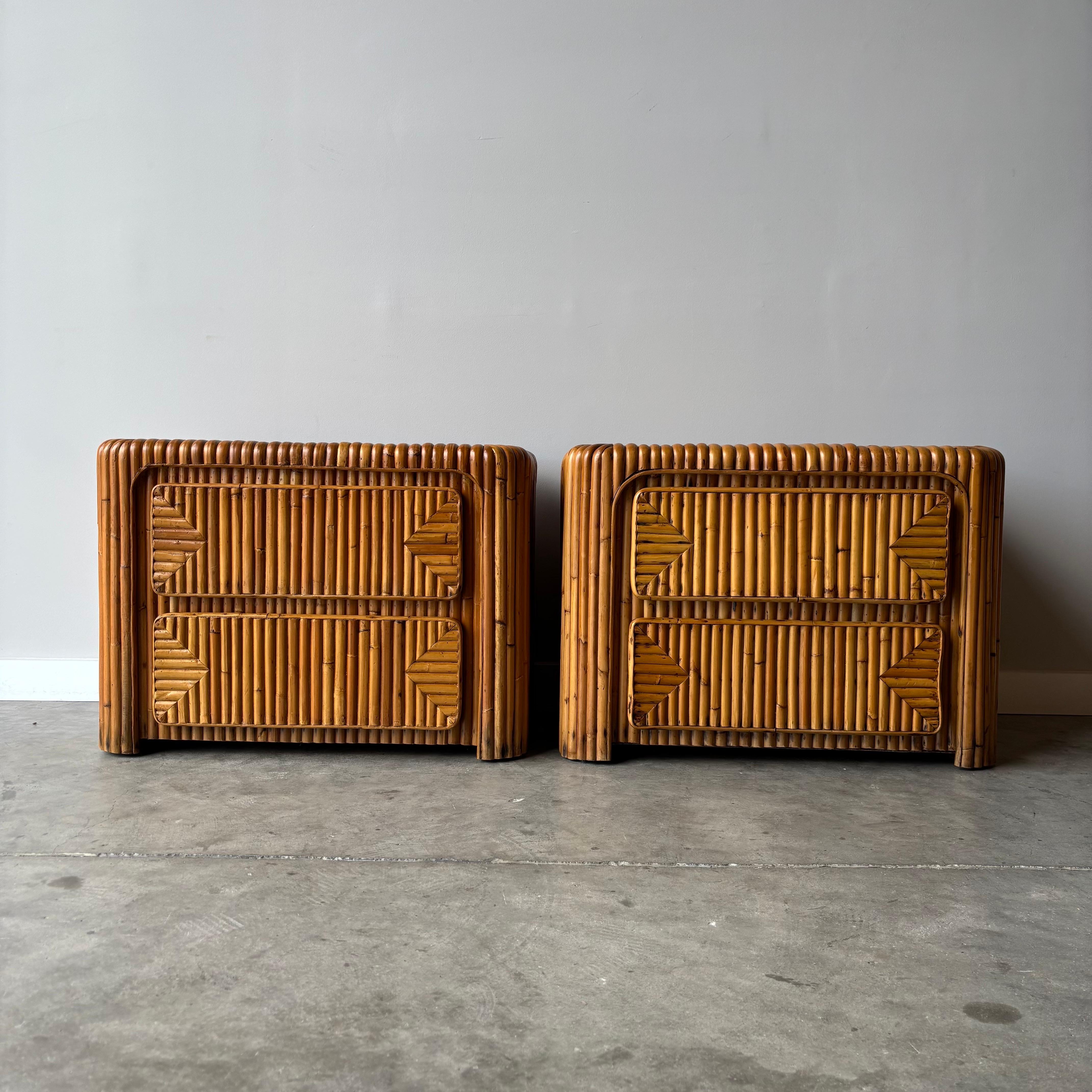 Bohemian Vintage Coastal Modern Bamboo Nightstands, a Pair