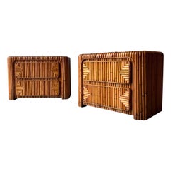 Vintage Coastal Modern Bamboo Nightstands, a Pair