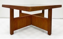 Vintage Coastal Modern Reed Coffee Table with Inset Glass Top