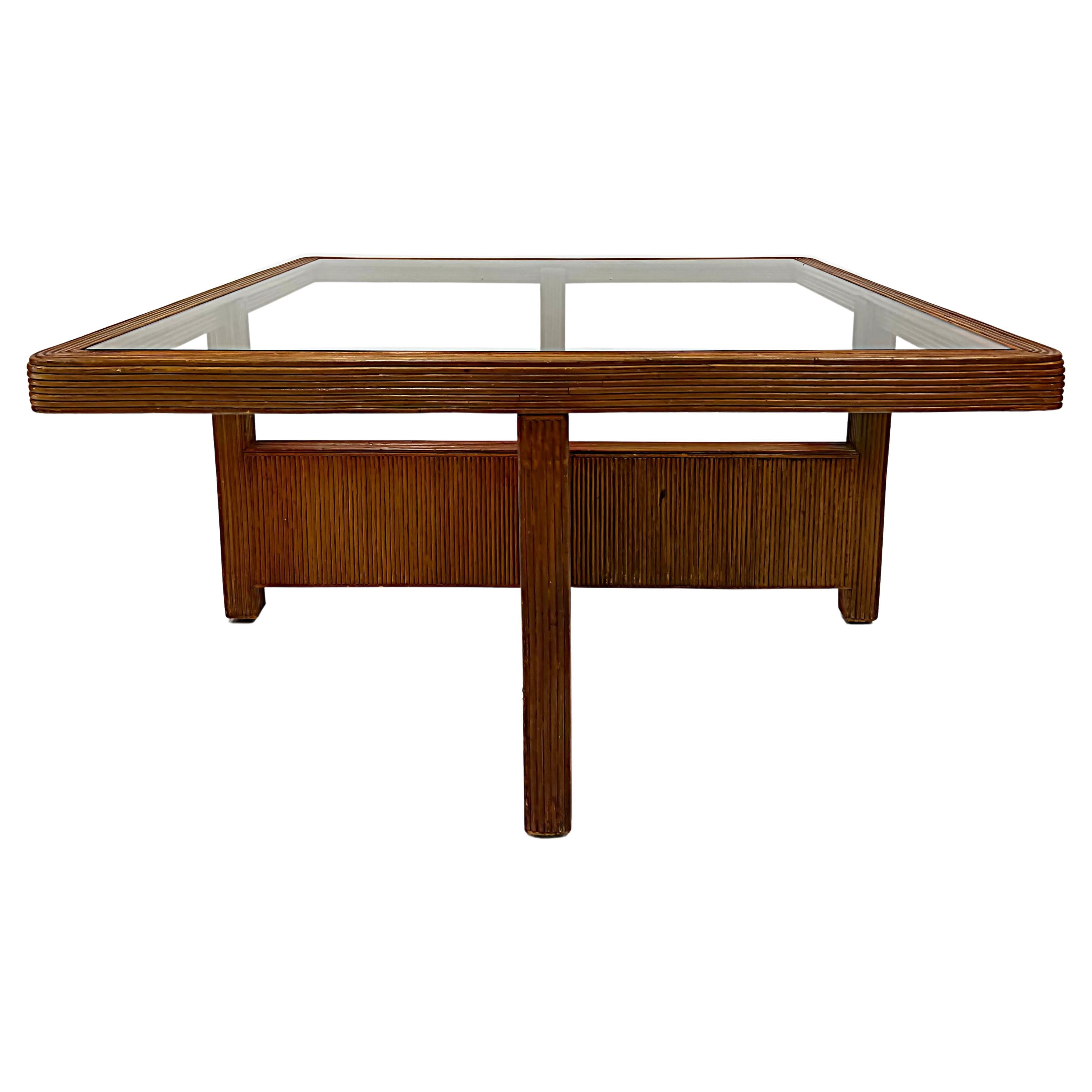 Vintage Coastal Modern Reed Coffee Table with Inset Glass Top For Sale