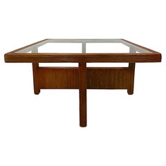 Vintage Coastal Modern Reed Coffee Table with Inset Glass Top