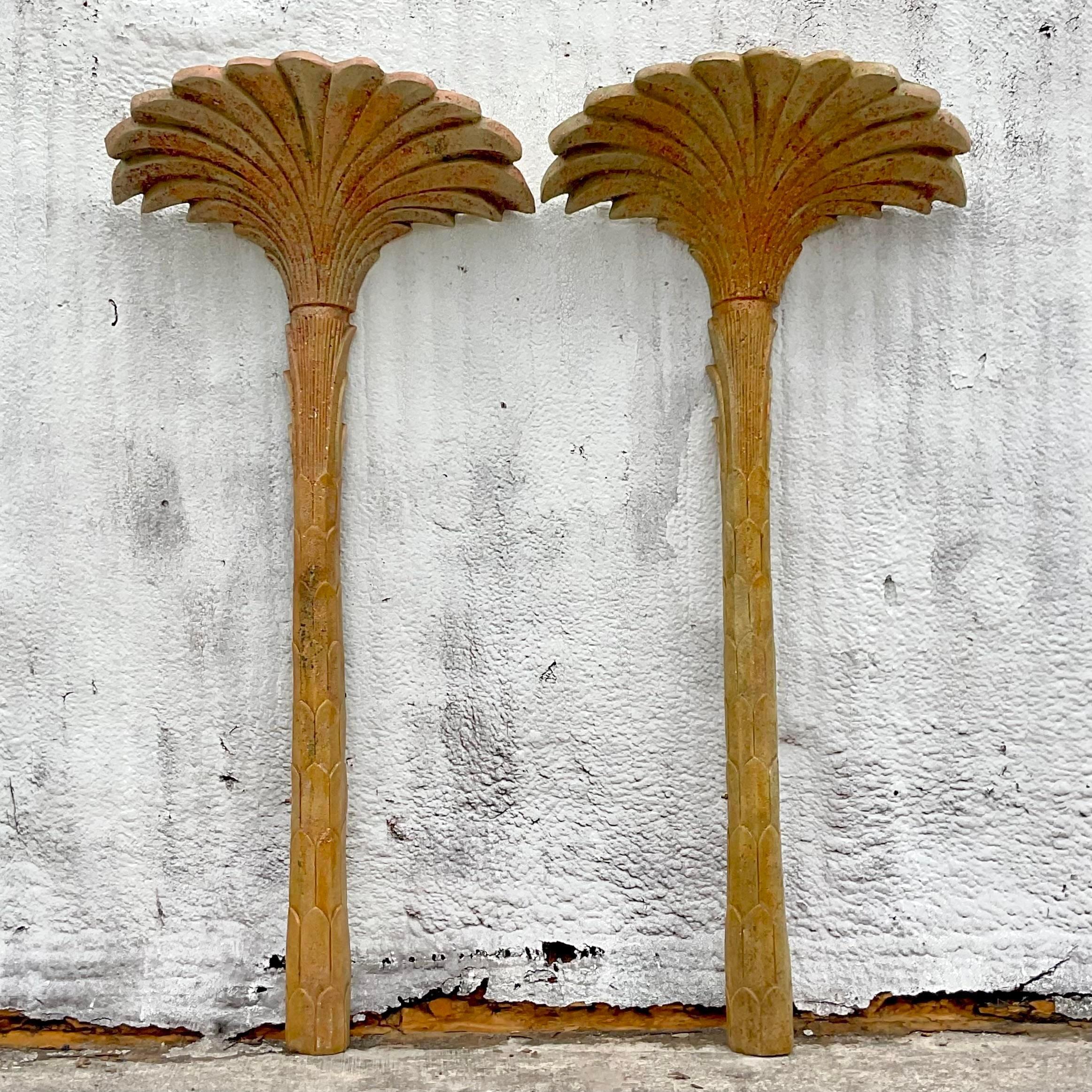 American Vintage Coastal Molded Fiberglass Palm Tree Wall Lamps - a Pair