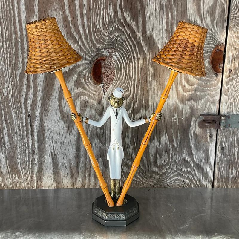 Vintage Coastal Monkey Bamboo Table Lamp In Good Condition In west palm beach, FL