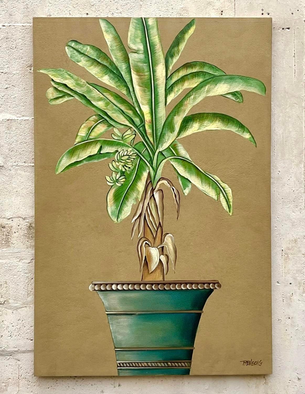 Immergiti nel fascino dell'arredamento costiero vintage con questo monumentale dipinto a olio originale su tela. Caratterizzata da uno splendido motivo a foglie di banano, quest'opera d'arte racchiude l'essenza dello stile costiero americano,