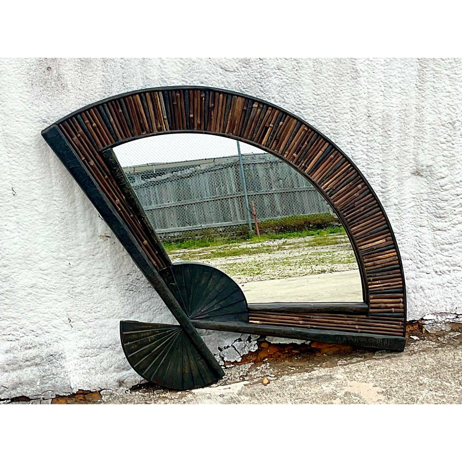 Philippine Vintage Coastal Monumental Burnt Bamboo Fan Mirror