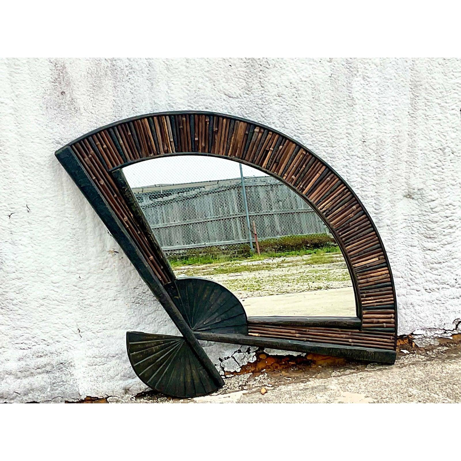 Vintage Coastal Monumental Burnt Bamboo Fan Mirror In Good Condition In west palm beach, FL