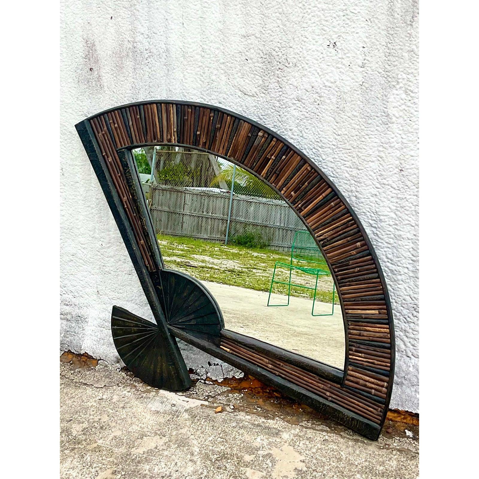 20th Century Vintage Coastal Monumental Burnt Bamboo Fan Mirror