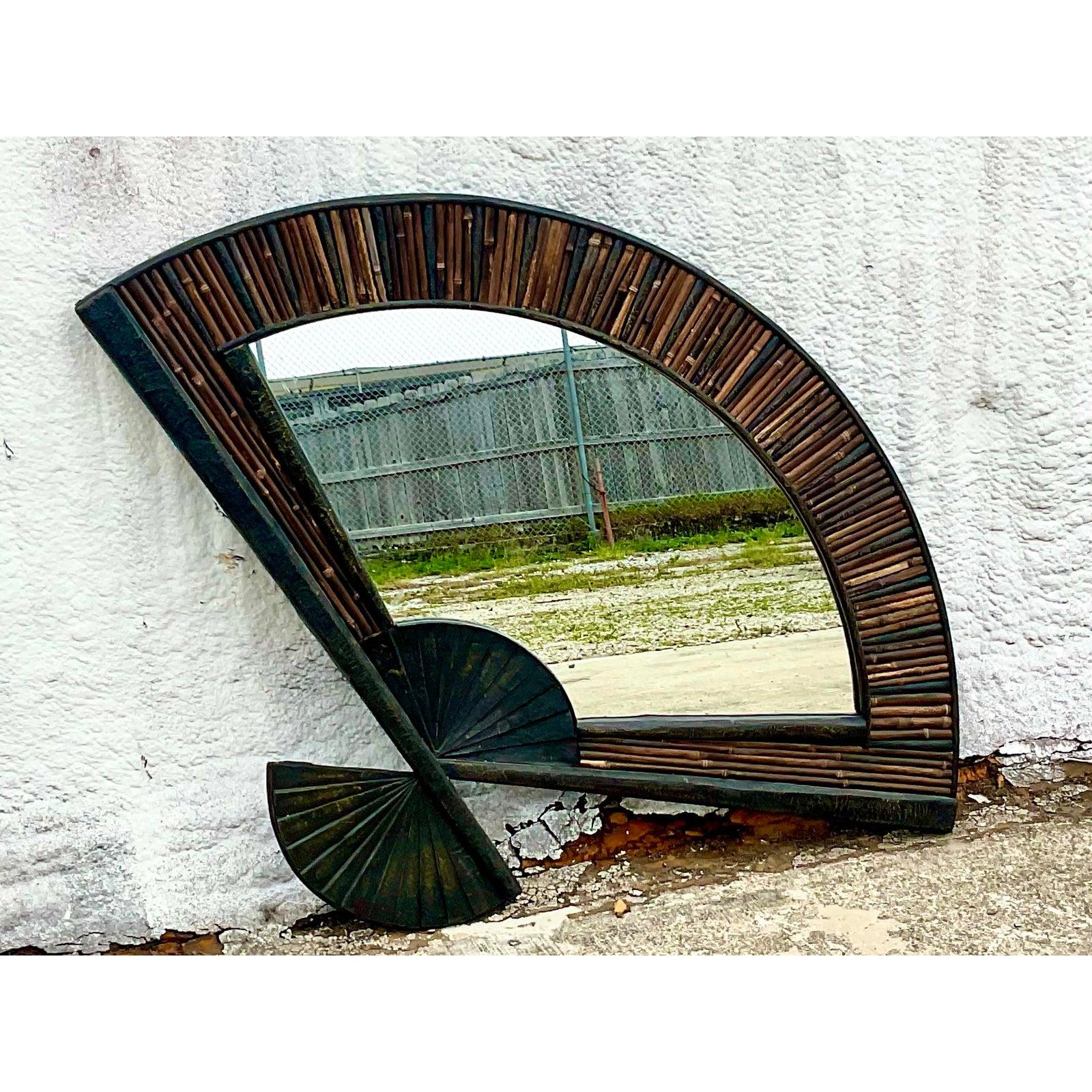 Vintage Coastal Monumental Burnt Bamboo Fan Mirror 2