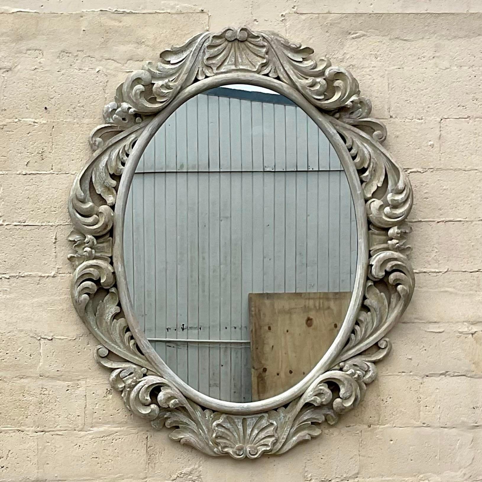 Vintage Coastal Monumental Carved Filagree Mirror In Good Condition For Sale In west palm beach, FL