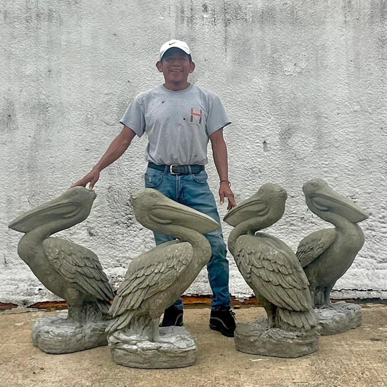 Vintage Coastal Monumental Cast Concrete Pelicans Statues, a Pair For