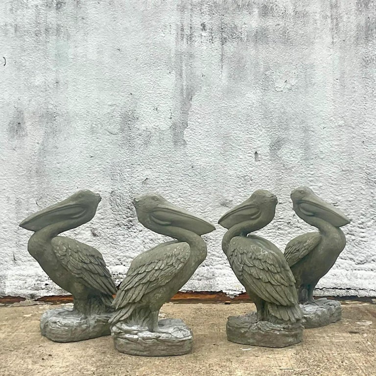Vintage Coastal Monumental Cast Concrete Pelicans Statues, a Pair For