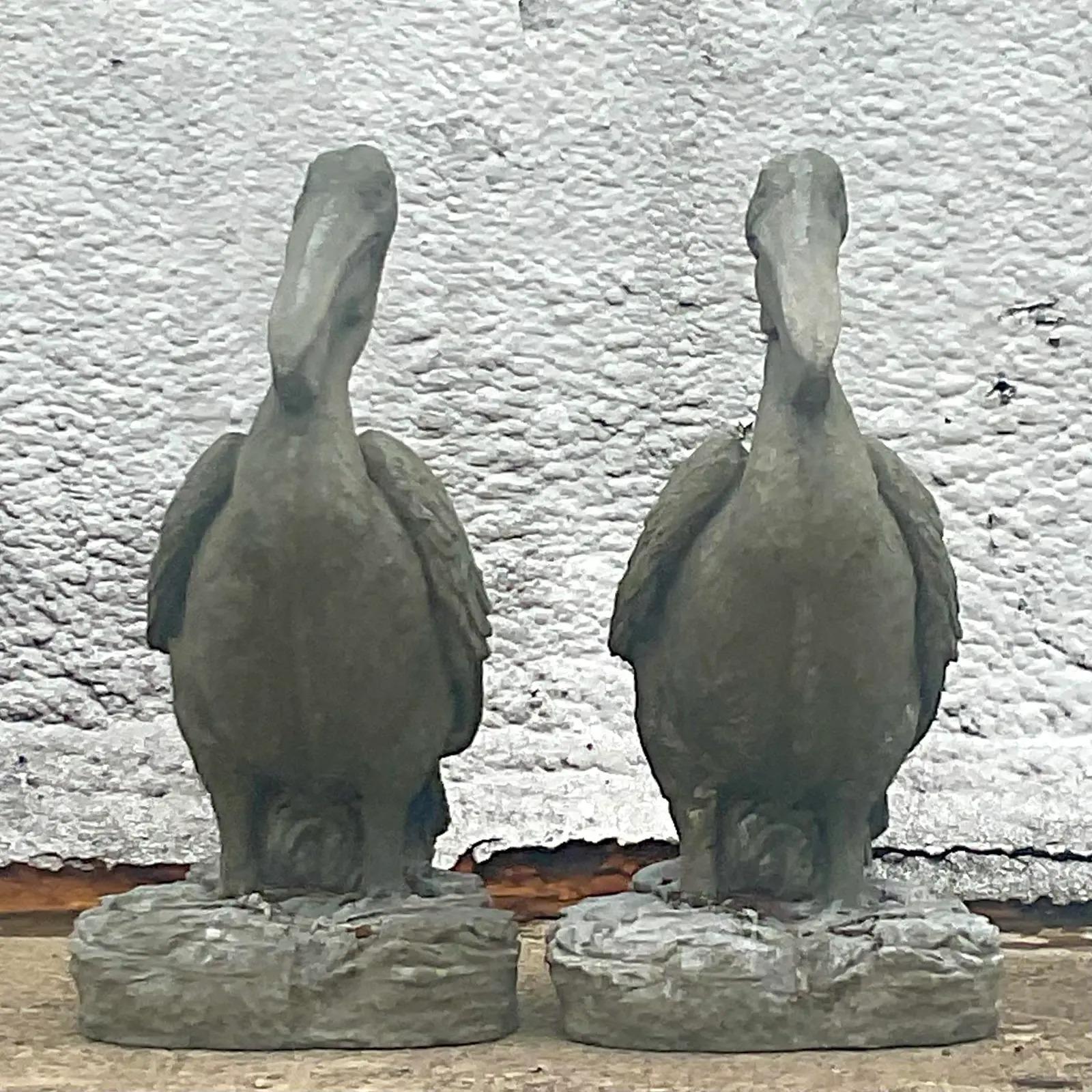 North American Vintage Coastal Monumental Cast Concrete Pelicans Statues, a Pair