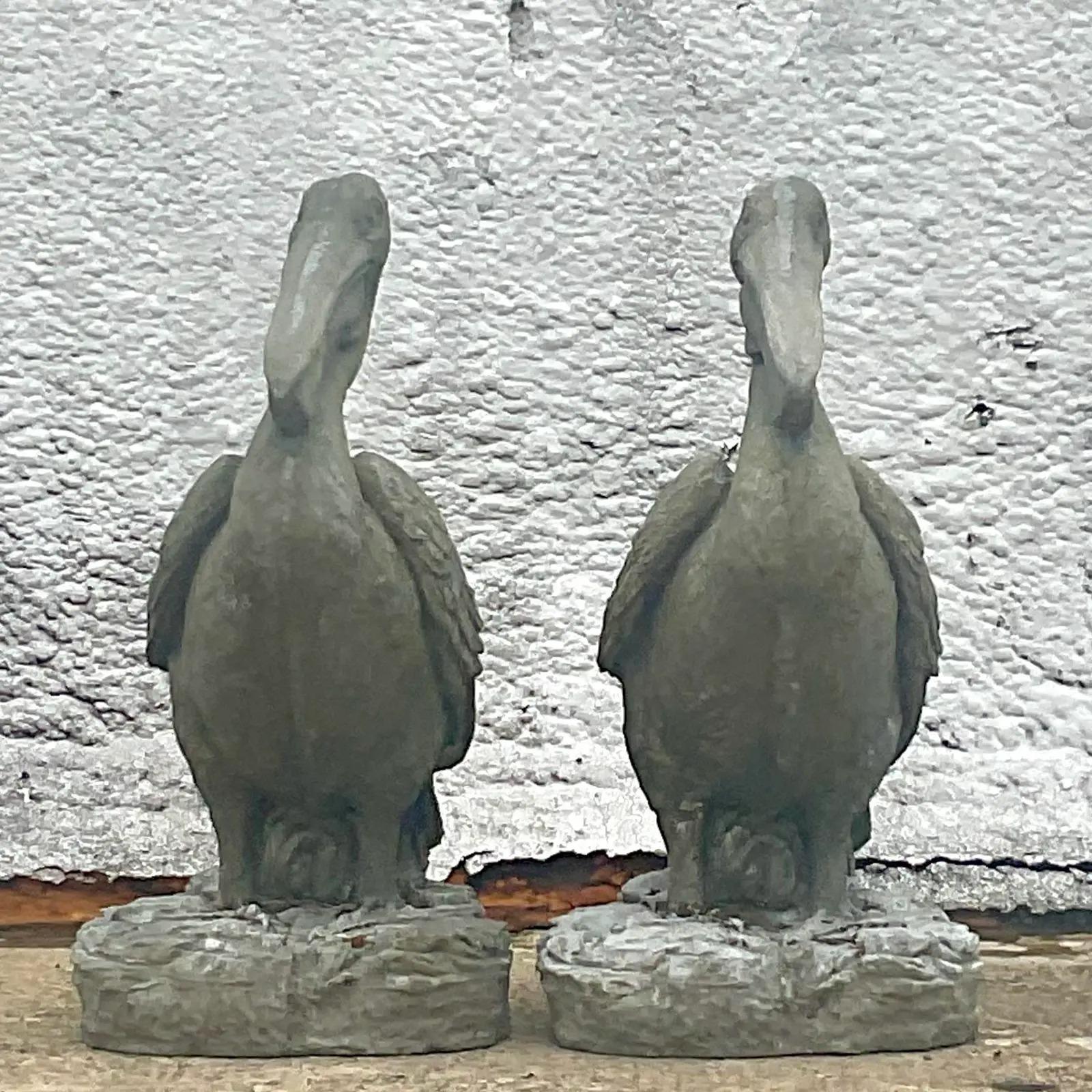 20th Century Vintage Coastal Monumental Cast Concrete Pelicans Statues, a Pair