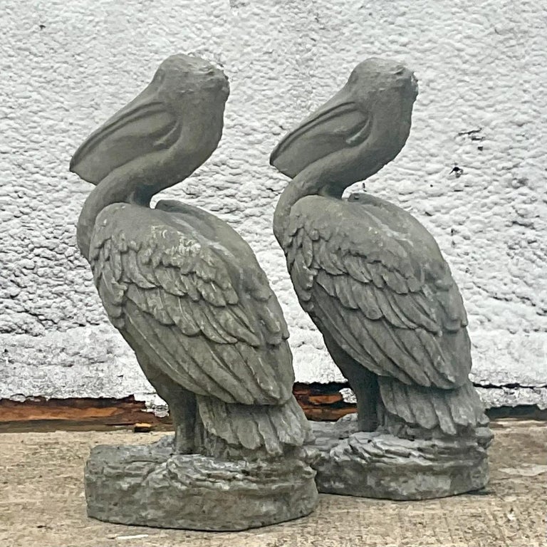 Vintage Coastal Monumental Cast Concrete Pelicans Statues, a Pair For