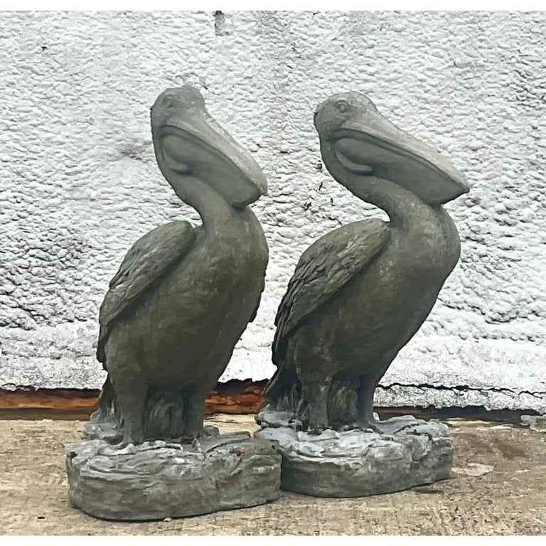 Vintage Coastal Monumental Cast Concrete Pelicans Statues, a Pair For